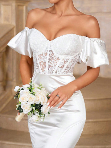 Elegant, Gorgeous, White Sexy Off-Shoulder Lace Wedding Dress, Dropped Shoulder Herringbone And Lace Decoration, Extra Long Train Wedding Dress For Wedding Prom Party