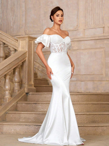 Elegant, Gorgeous, White Sexy Off-Shoulder Lace Wedding Dress, Dropped Shoulder Herringbone And Lace Decoration, Extra Long Train Wedding Dress For Wedding Prom Party
