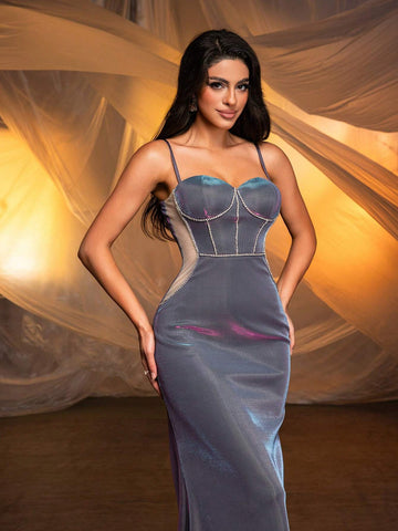 Elegant Gradient Knitted Slim Strap Bra Cup With Rhinestone Decoration Side Cutouts Sexy See-Through Sheer Fabric High-Waist Cinched Mermaid Skirt With Long Train, Perfect For Graduation Season, Wedding Season, Vacation, Singles Party And Evening Events