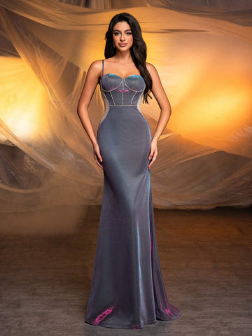 Elegant Gradient Knitted Slim Strap Bra Cup With Rhinestone Decoration Side Cutouts Sexy See-Through Sheer Fabric High-Waist Cinched Mermaid Skirt With Long Train, Perfect For Graduation Season, Wedding Season, Vacation, Singles Party And Evening Events