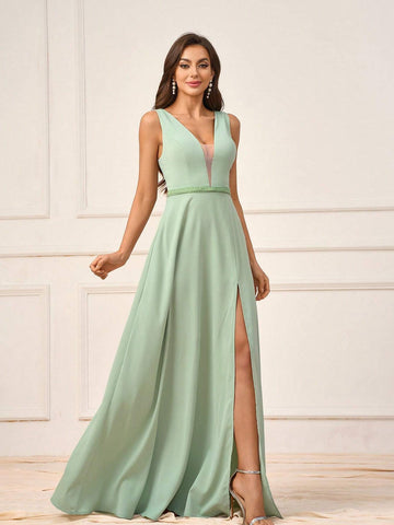 Elegant Grass Green Soft Skin-Friendly Woven Fabric Deep V-Neck Vest Sleeves Braided Rope Decorative Belt High Slit A-Line Skirt Suitable For Wedding Season Mother's Day Women's Formal Bridesmaid Dresses