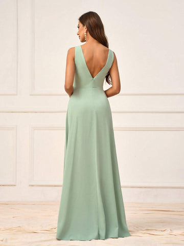 Elegant Grass Green Soft Skin-Friendly Woven Fabric Deep V-Neck Vest Sleeves Braided Rope Decorative Belt High Slit A-Line Skirt Suitable For Wedding Season Mother's Day Women's Formal Bridesmaid Dresses