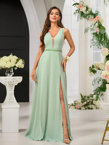 Elegant Grass Green Soft Skin-Friendly Woven Fabric Deep V-Neck Vest Sleeves Braided Rope Decorative Belt High Slit A-Line Skirt Suitable For Wedding Season Mother's Day Women's Formal Bridesmaid Dresses