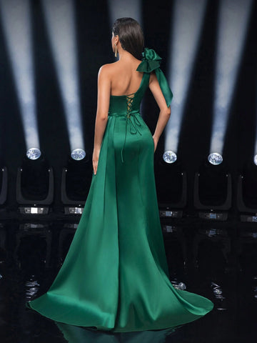 Elegant Green Bow Tie Chest Draped Sequin Inset High Waist Slim Side Split Maxi Fish Tail Hem Cocktail Party Wedding Formal Dress