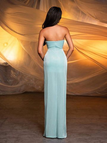 Elegant Green Glossy Knit Sheath V-Neck Gorgeous Rhinestone Embellished High Waist Skinny Side High Split Long Dating Vacation Graduation Bachelorette Party Wedding Event Heavy Duty Evening Gowns