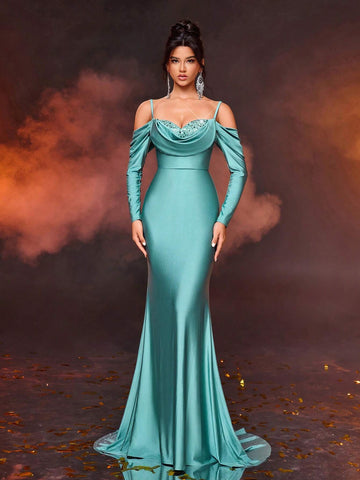 Elegant Green Glossy Knitted Long-Sleeved Neckline, Luxurious Sequined Swing Collar Shape, Fishtail Tail Heavy Industry Dinner Gown