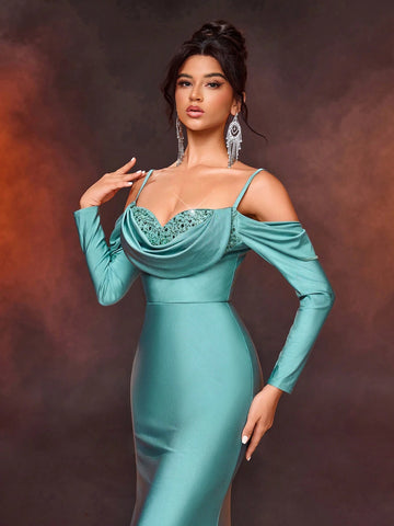 Elegant Green Glossy Knitted Long-Sleeved Neckline, Luxurious Sequined Swing Collar Shape, Fishtail Tail Heavy Industry Dinner Gown