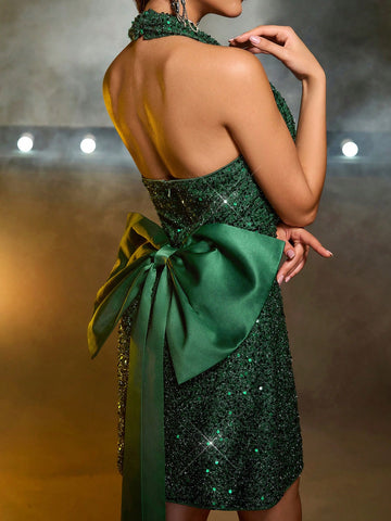 Elegant Green Luxurious Pearl Sequin Splicing Satin Halter Backless Short Bodycon Dress, Detachable Bow Tie, Suitable For Dates, Singles Parties, Weddings, Birthday Parties, Receptions
