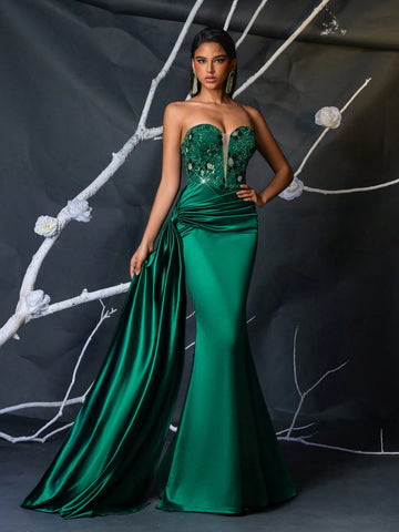 Elegant Green Luxurious Sequin Patchwork Satin Strapless Deep V-Neck Nude Mesh Criss-Cross Side Draped Fishtail Formal Evening Gown
