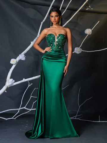 Elegant Green Luxurious Sequin Patchwork Satin Strapless Deep V-Neck Nude Mesh Criss-Cross Side Draped Fishtail Formal Evening Gown