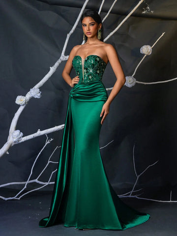 Elegant Green Luxurious Sequin Patchwork Satin Strapless Deep V-Neck Nude Mesh Criss-Cross Side Draped Fishtail Formal Evening Gown
