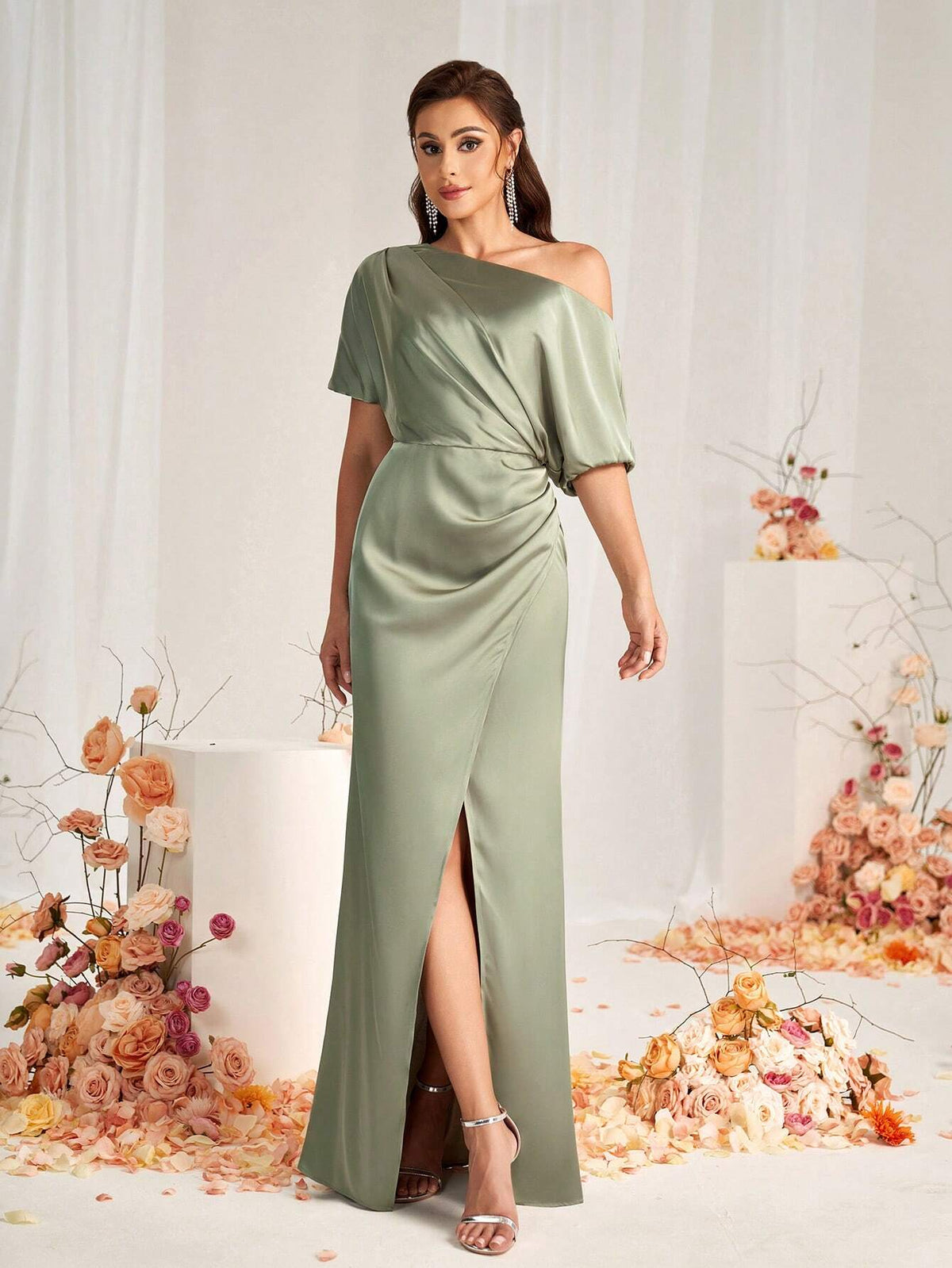 Elegant Green Satin Fabric Off-Shoulder Irregular Sleeves Micro Fishtail Hem Overlap Slits Wedding Event Formal Bridesmaid Dresses