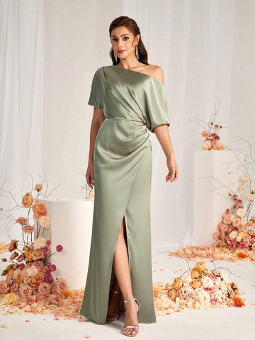 Elegant Green Satin Fabric Off-Shoulder Irregular Sleeves Micro Fishtail Hem Overlap Slits Wedding Event Formal Bridesmaid Dresses