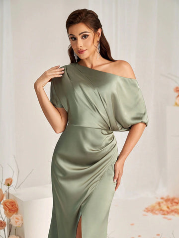 Elegant Green Satin Fabric Off-Shoulder Irregular Sleeves Micro Fishtail Hem Overlap Slits Wedding Event Formal Bridesmaid Dresses