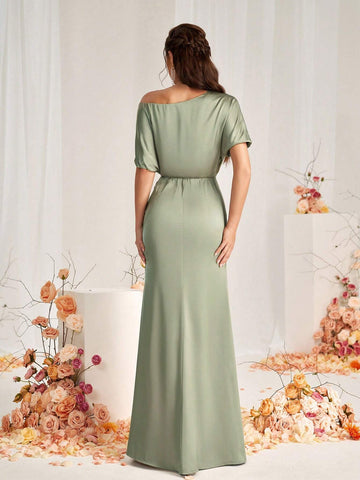 Elegant Green Satin Fabric Off-Shoulder Irregular Sleeves Micro Fishtail Hem Overlap Slits Wedding Event Formal Bridesmaid Dresses