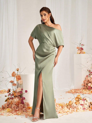 Elegant Green Satin Fabric Off-Shoulder Irregular Sleeves Micro Fishtail Hem Overlap Slits Wedding Event Formal Bridesmaid Dresses