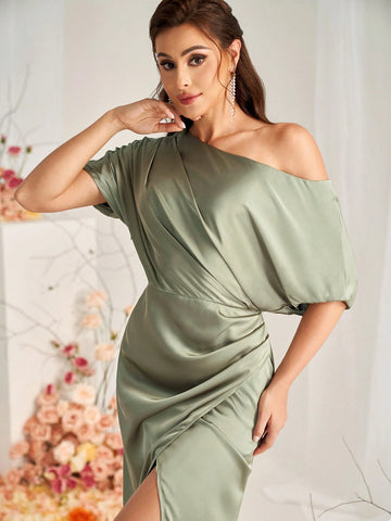Elegant Green Satin Fabric Off-Shoulder Irregular Sleeves Micro Fishtail Hem Overlap Slits Wedding Event Formal Bridesmaid Dresses