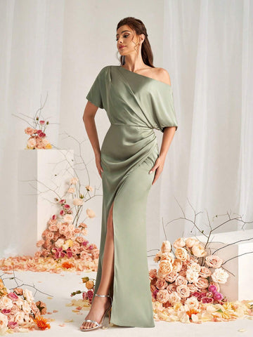Elegant Green Satin Fabric Off-Shoulder Irregular Sleeves Micro Fishtail Hem Overlap Slits Wedding Event Formal Bridesmaid Dresses