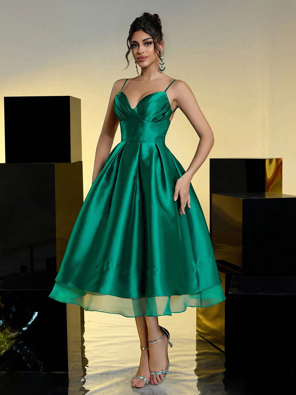 Elegant Green Satin Slip Dress With A-Line Silhouette, Real Pockets, Sheer Mesh Hem Panels, Adjustable Back Tie (Detachable Mesh Capelet), Suitable For Formal Occasion