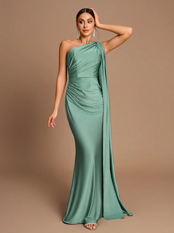 Elegant Green Stretch Knitted One-Shoulder Patchwork Pleated Slim Fit Fishtail Hem Suitable For Date Wedding Bridesmaid Dress
