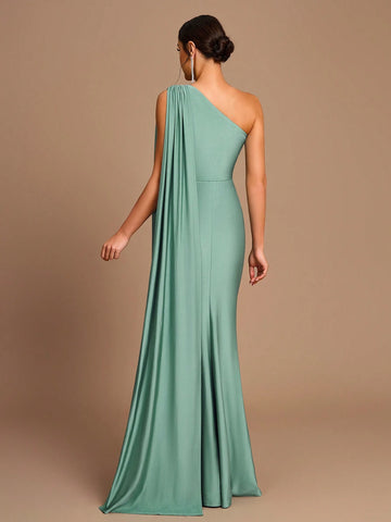 Elegant Green Stretch Knitted One-Shoulder Patchwork Pleated Slim Fit Fishtail Hem Suitable For Date Wedding Bridesmaid Dress