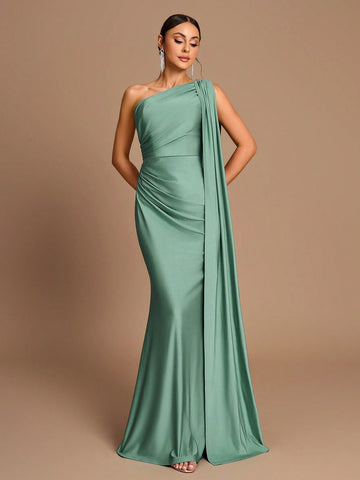 Elegant Green Stretch Knitted One-Shoulder Patchwork Pleated Slim Fit Fishtail Hem Suitable For Date Wedding Bridesmaid Dress