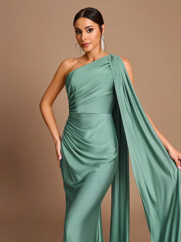 Elegant Green Stretch Knitted One-Shoulder Patchwork Pleated Slim Fit Fishtail Hem Suitable For Date Wedding Bridesmaid Dress