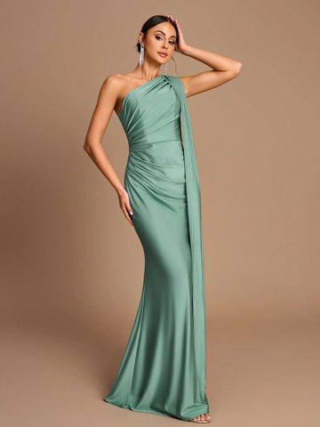 Elegant Green Stretch Knitted One-Shoulder Patchwork Pleated Slim Fit Fishtail Hem Suitable For Date Wedding Bridesmaid Dress