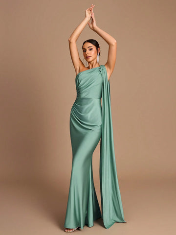 Elegant Green Stretch Knitted One-Shoulder Patchwork Pleated Slim Fit Fishtail Hem Suitable For Date Wedding Bridesmaid Dress