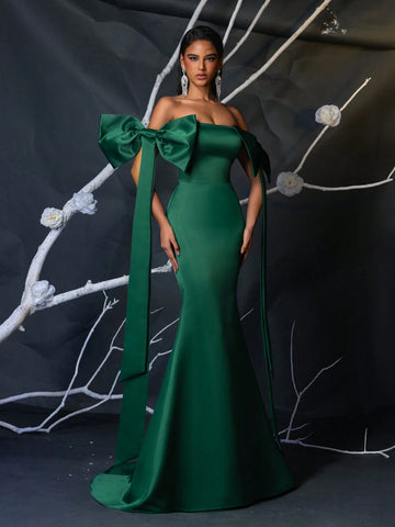 Elegant Green Woven Taffeta Strapless Butterfly Sleeve High Waist Fishtail Maxi Dress With Adjustable Tie Back, Suitable For Dates, Parties, Weddings And Formal Occasions