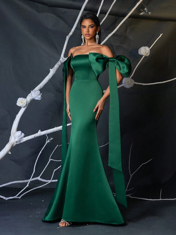 Elegant Green Woven Taffeta Strapless Butterfly Sleeve High Waist Fishtail Maxi Dress With Adjustable Tie Back, Suitable For Dates, Parties, Weddings And Formal Occasions