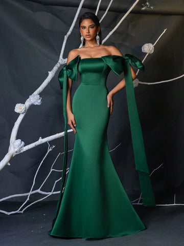 Elegant Green Woven Taffeta Strapless Butterfly Sleeve High Waist Fishtail Maxi Dress With Adjustable Tie Back, Suitable For Dates, Parties, Weddings And Formal Occasions