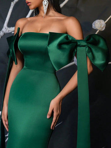 Elegant Green Woven Taffeta Strapless Butterfly Sleeve High Waist Fishtail Maxi Dress With Adjustable Tie Back, Suitable For Dates, Parties, Weddings And Formal Occasions