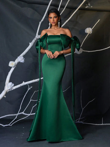 Elegant Green Woven Taffeta Strapless Butterfly Sleeve High Waist Fishtail Maxi Dress With Adjustable Tie Back, Suitable For Dates, Parties, Weddings And Formal Occasions