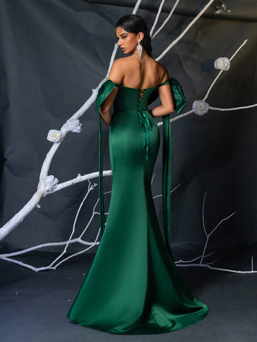 Elegant Green Woven Taffeta Strapless Butterfly Sleeve High Waist Fishtail Maxi Dress With Adjustable Tie Back, Suitable For Dates, Parties, Weddings And Formal Occasions