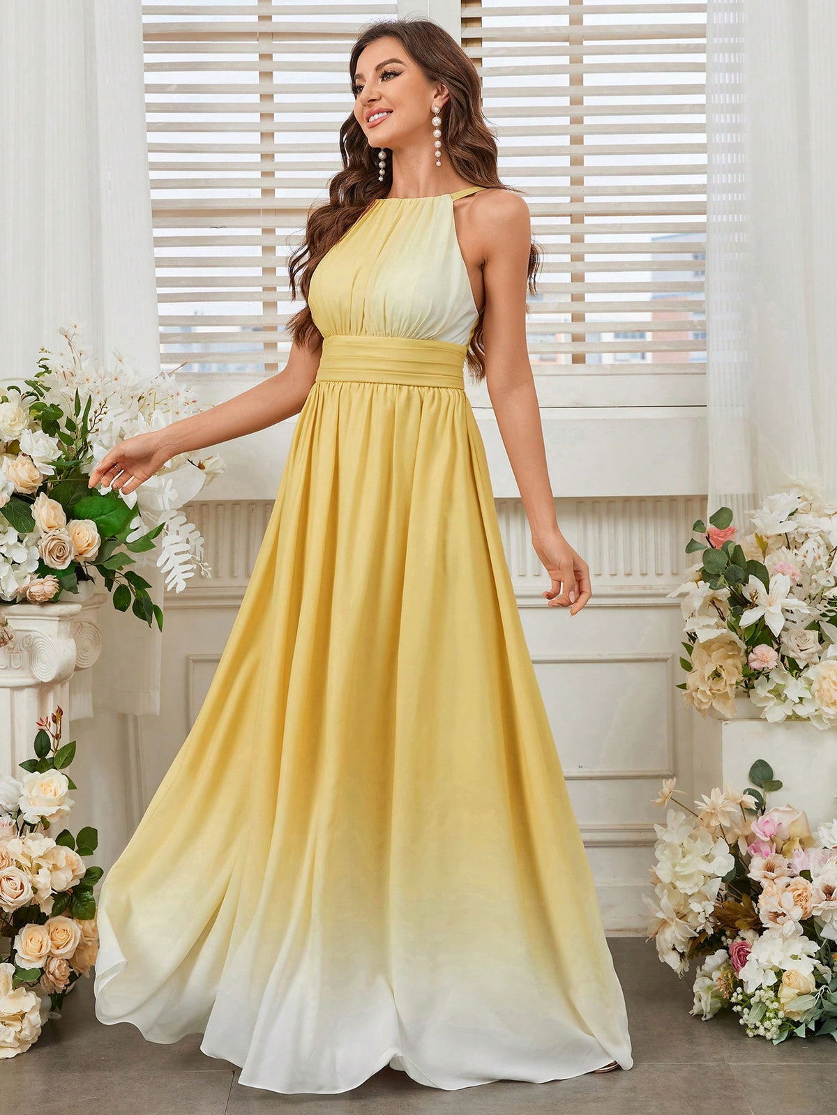 Elegant Halter Pleats Positioning Yellow Gradient Print A Swing With Everything Bridesmaid Dress