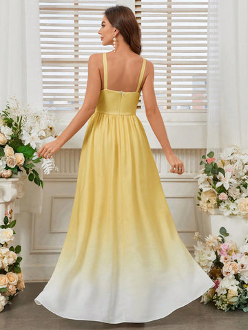 Elegant Halter Pleats Positioning Yellow Gradient Print A Swing With Everything Bridesmaid Dress