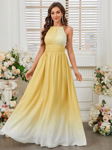 Elegant Halter Pleats Positioning Yellow Gradient Print A Swing With Everything Bridesmaid Dress