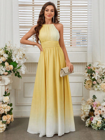 Elegant Halter Pleats Positioning Yellow Gradient Print A Swing With Everything Bridesmaid Dress