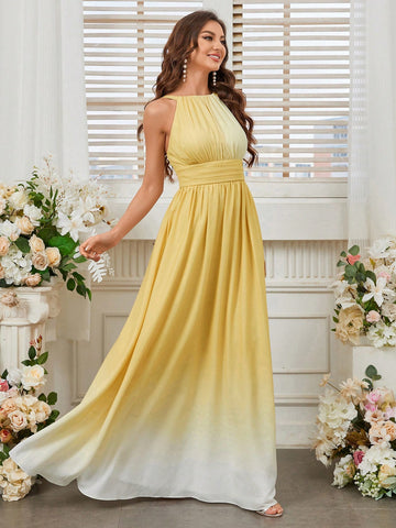 Elegant Halter Pleats Positioning Yellow Gradient Print A Swing With Everything Bridesmaid Dress