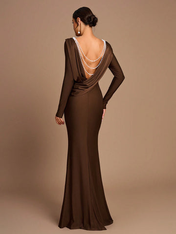 Elegant High-End Brown Stretch Material Round Neck, Long Sleeves, Slim Fit Fishtail, Backless Swing Collar, Pearl Chain Decoration, Suitable For Various Occasions, Date, Wedding, Bridesmaid Dress