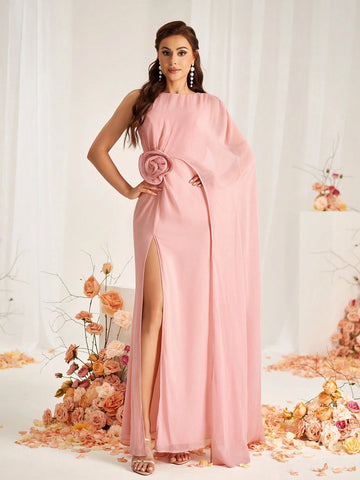Elegant Hot Pinks Pink Chiffon Wrinkled Fabric Round Neck Micro Fishtail Front Waist Three-Dimensional Flower Decoration High Slit To The Thigh Spliced Irregular Cape Mopping Piece A-Line Suitable For Wedding Occasions Date Bridesmaid Dress