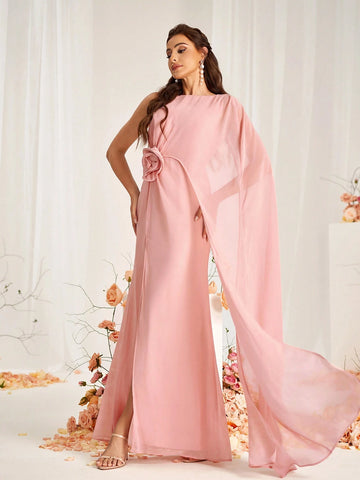 Elegant Hot Pinks Pink Chiffon Wrinkled Fabric Round Neck Micro Fishtail Front Waist Three-Dimensional Flower Decoration High Slit To The Thigh Spliced Irregular Cape Mopping Piece A-Line Suitable For Wedding Occasions Date Bridesmaid Dress