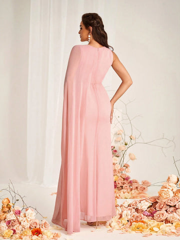 Elegant Hot Pinks Pink Chiffon Wrinkled Fabric Round Neck Micro Fishtail Front Waist Three-Dimensional Flower Decoration High Slit To The Thigh Spliced Irregular Cape Mopping Piece A-Line Suitable For Wedding Occasions Date Bridesmaid Dress
