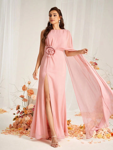 Elegant Hot Pinks Pink Chiffon Wrinkled Fabric Round Neck Micro Fishtail Front Waist Three-Dimensional Flower Decoration High Slit To The Thigh Spliced Irregular Cape Mopping Piece A-Line Suitable For Wedding Occasions Date Bridesmaid Dress
