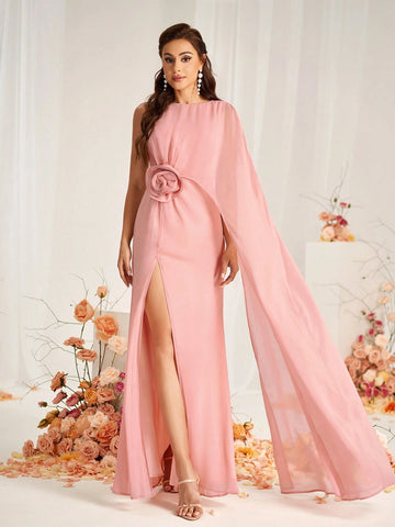 Elegant Hot Pinks Pink Chiffon Wrinkled Fabric Round Neck Micro Fishtail Front Waist Three-Dimensional Flower Decoration High Slit To The Thigh Spliced Irregular Cape Mopping Piece A-Line Suitable For Wedding Occasions Date Bridesmaid Dress