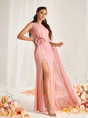 Elegant Hot Pinks Pink Chiffon Wrinkled Fabric Round Neck Micro Fishtail Front Waist Three-Dimensional Flower Decoration High Slit To The Thigh Spliced Irregular Cape Mopping Piece A-Line Suitable For Wedding Occasions Date Bridesmaid Dress