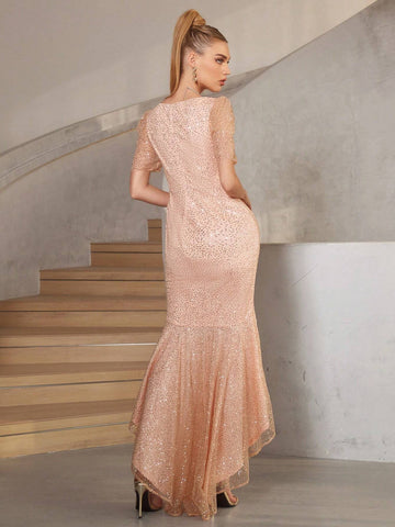 Elegant Irregular Hem Beaded Women's Evening Dress (Heavy Duty Style)