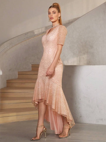 Elegant Irregular Hem Beaded Women's Evening Dress (Heavy Duty Style)