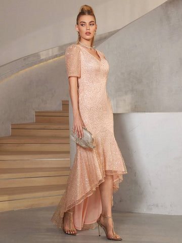 Elegant Irregular Hem Beaded Women's Evening Dress (Heavy Duty Style)